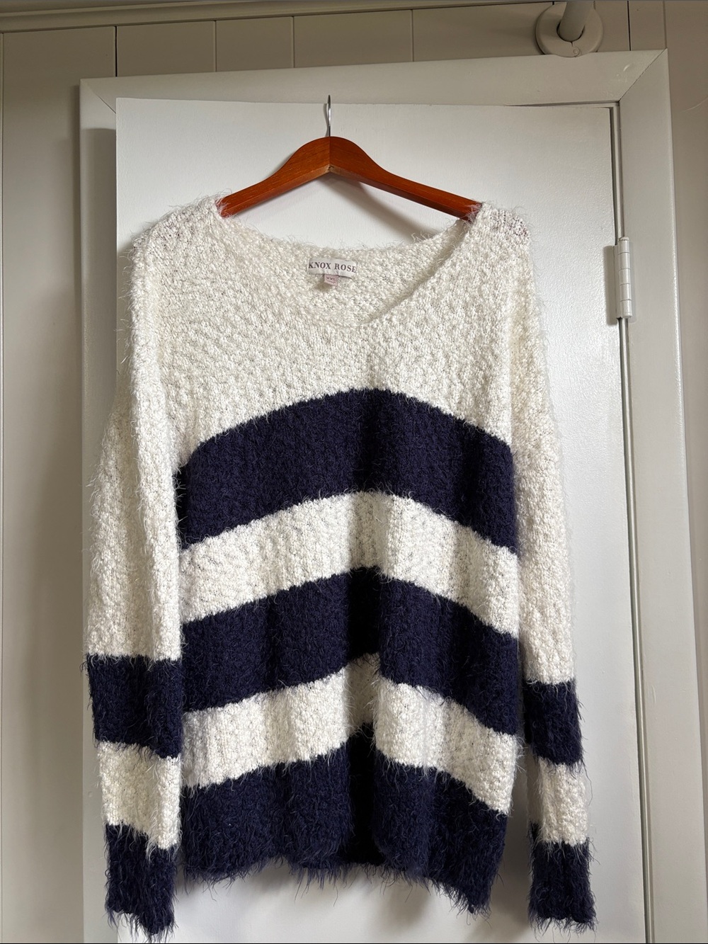 Knox Rose Cream and Navy Striped Fuzzy V-Neck Sweater
